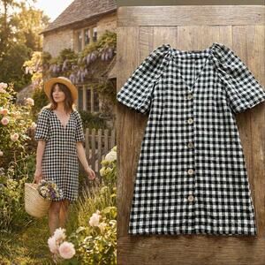 Zara Checkered Button up Linen Blend Dress Medium Cottagecore